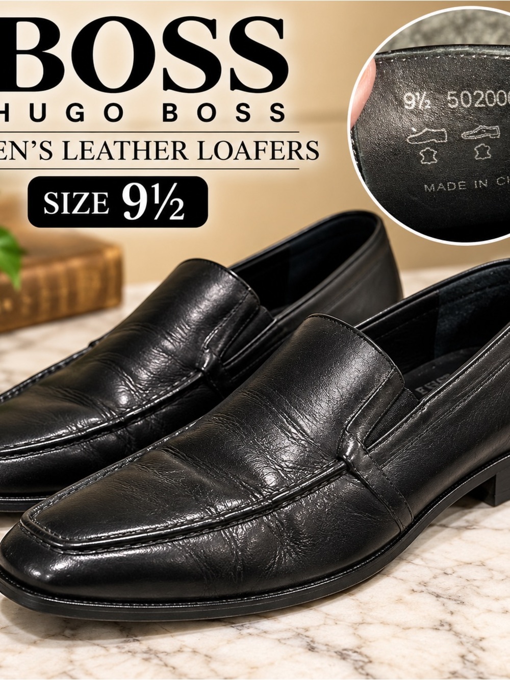 Hugo Boss Men’s Black Leather Loafers Size 9 1/2